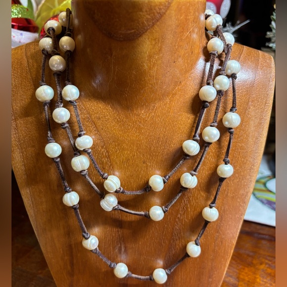 Rae Ramsey Leather and Natural Pearl (46) One of a Kind Necklace. RODEO - Picture 1 of 4